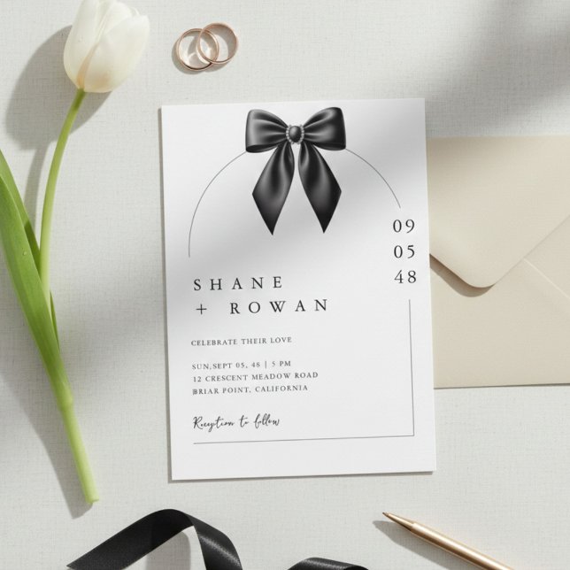 Convite Minimalist Black & White Bow Wedding Invitation  (Criador carregado)