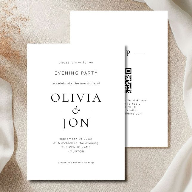 Convite Minimalist Black White QR Code Wedding Evening (Front and back view)