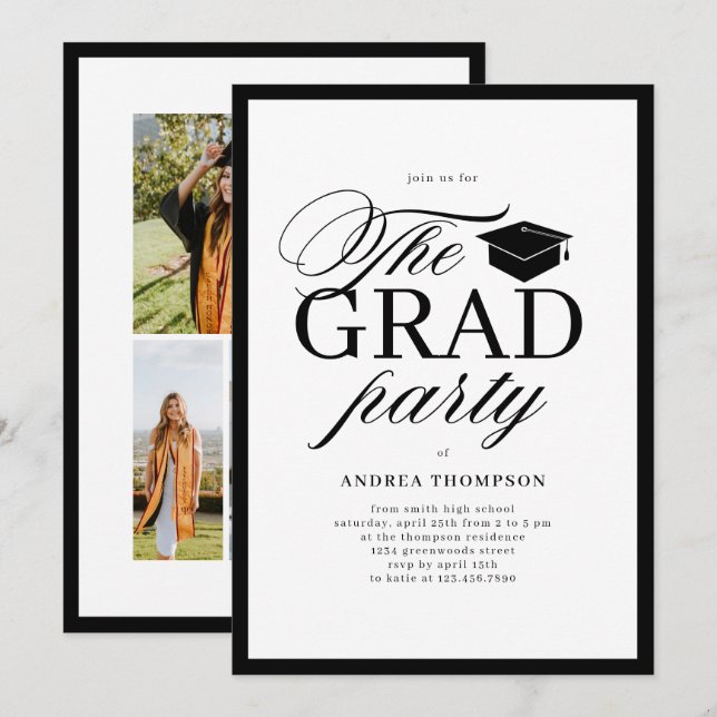Convite Minimalist Black White Script Grad Party Photo  (Frente/Verso)
