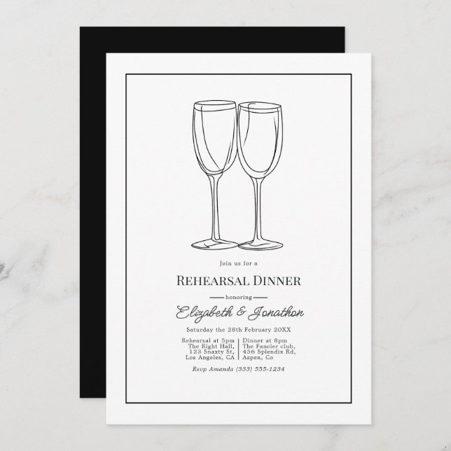 Convite Minimalist Black & White Wedding Rehearsal Dinner (Frente/Verso)