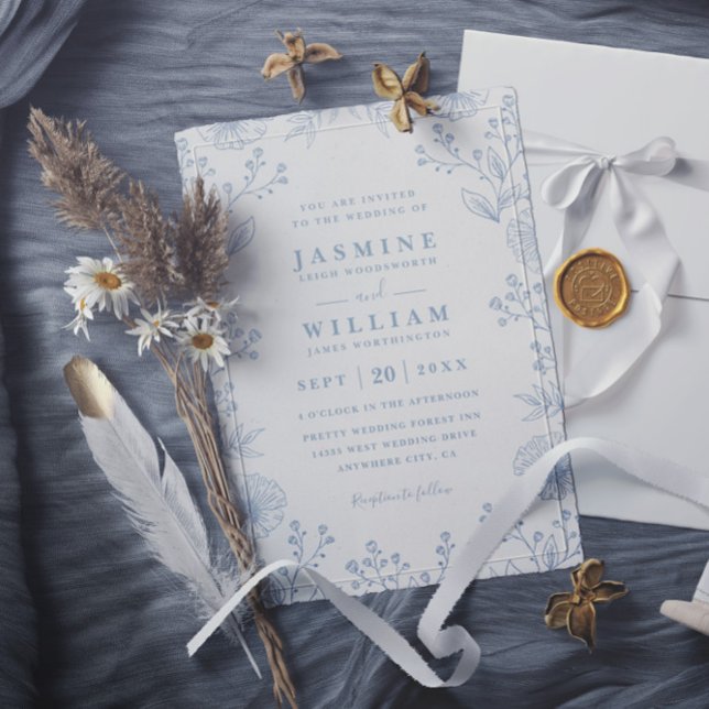 Convite Minimalist Blue Floral Elegant QR Code Wedding (Criador carregado)