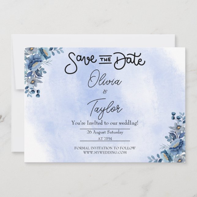 Convite Minimalist Blue Floral Wedding Save the Date (Frente)