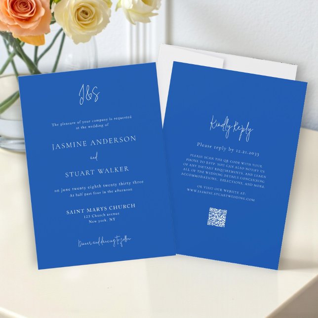 Convite Minimalist Blue Wedding Invitation QR Website link (Criador carregado)