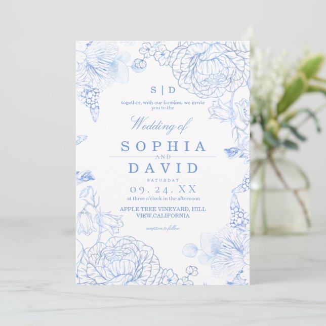 Convite Minimalist Blue WildFlower Rustic Wedding  (Em pé/Frente)