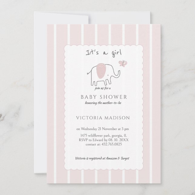 Convite Minimalist Blush Pink Elephant Sketch Its a Girl  (Frente)