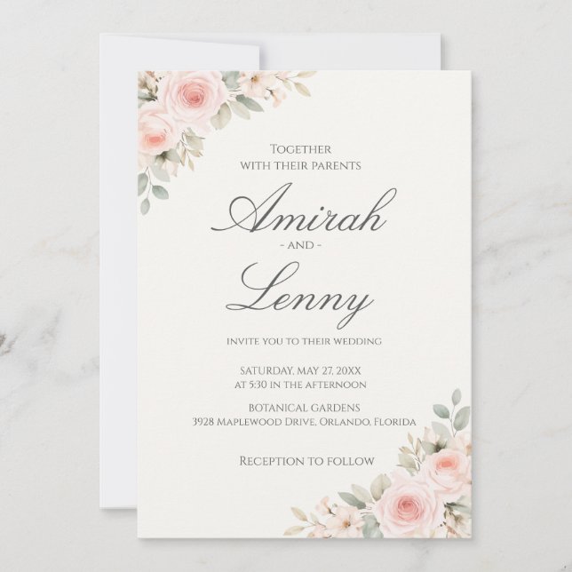 Convite Minimalist Blush Pink Floral Wedding Invitation (Frente)