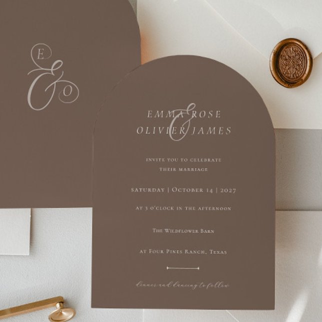 Convite Minimalist Boho Cocoa Brown Ivory Script Wedding (Criador carregado)