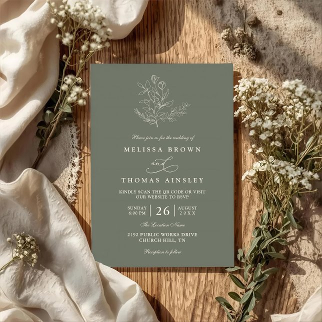Convite Minimalist Boho Floral Sage Modern QR Code Wedding (Criador carregado)