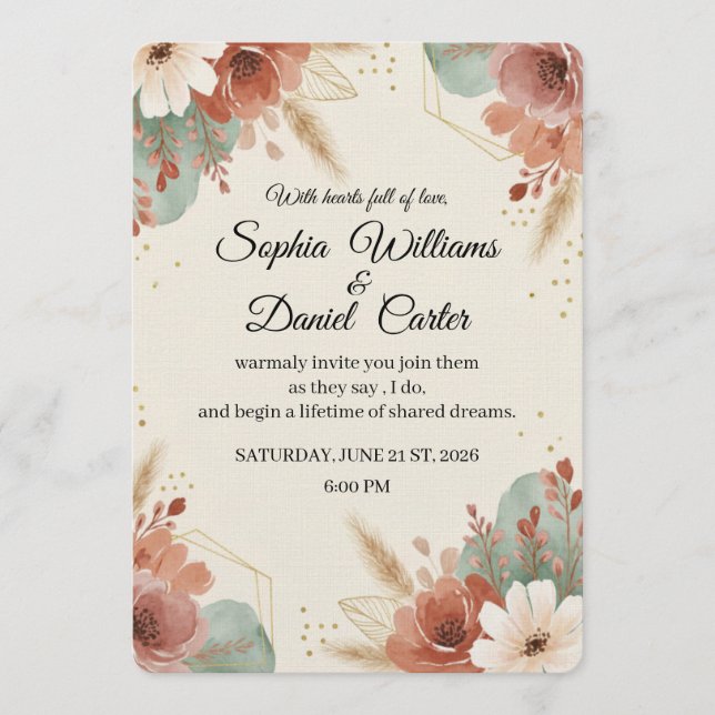 Convite minimalist Boho Floral Wedding Invitation card (Frente)