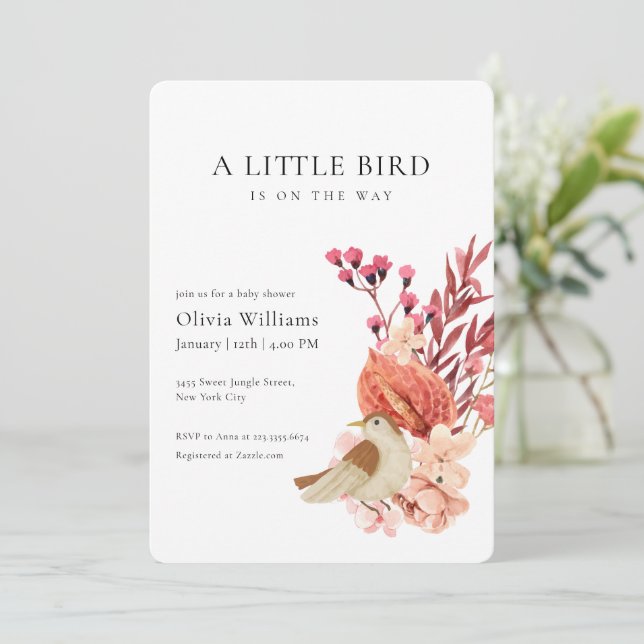 Convite Minimalist Boho Flower Tiny Bird Baby Shower   (Em pé/Frente)