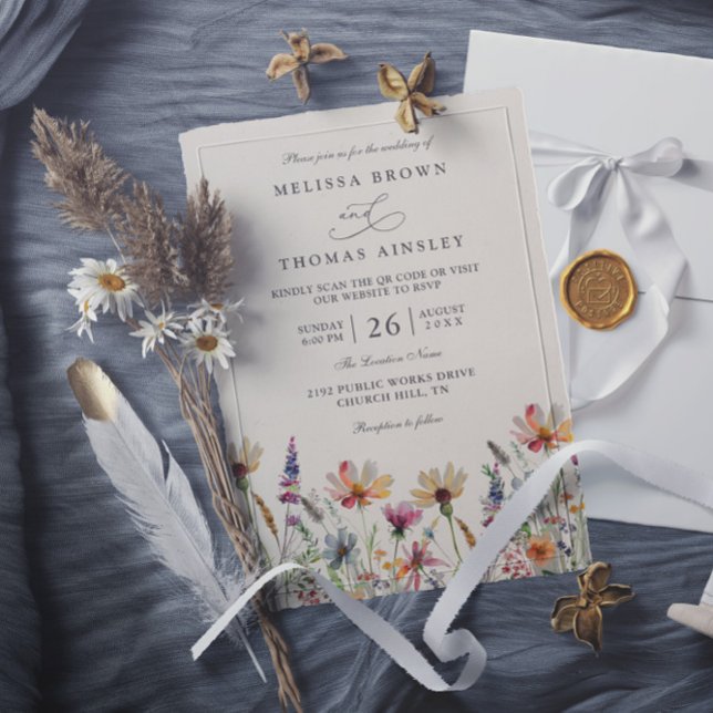 Convite Minimalist Boho Wildflower Floral QR Code Wedding (Criador carregado)
