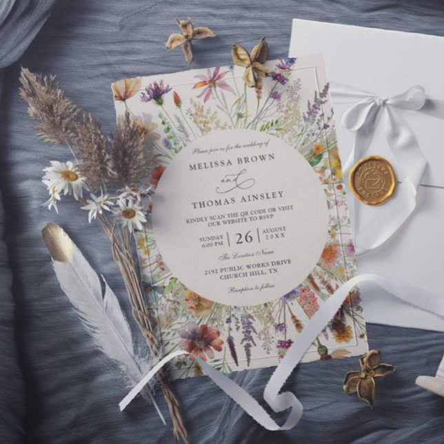 Convite Minimalist Boho Wildflower Floral QR Code Wedding (Criador carregado)