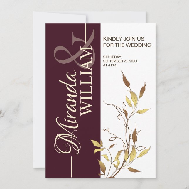 Convite Minimalist Botanical Burgundy Wedding Invitation (Frente)