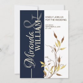 Convite Minimalist Botanical Navy Blue Wedding Invitation