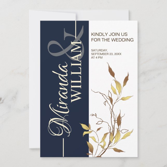 Convite Minimalist Botanical Navy Blue Wedding Invitation (Frente)