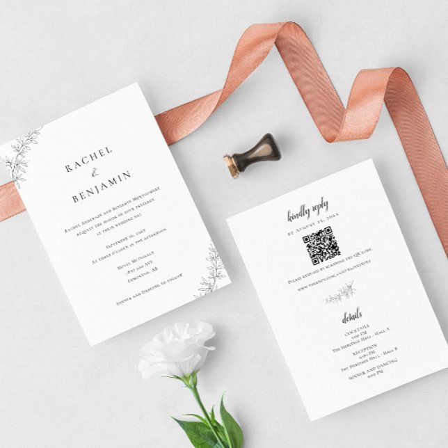 Convite Minimalist Botanical Wedding Elegant QR Code (Criador carregado)
