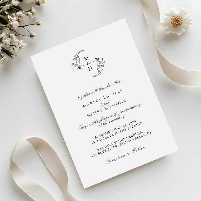Convite Minimalist botanical Wreath Monogram Wedding (Criador carregado)