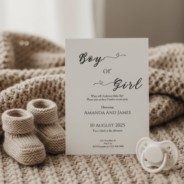 Convite Minimalist Boy or Girl Gender Reveal (Gender reveal invitation on beige knit blanket with baby booties and pacifier in warm light)
