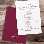 Convite Minimalist Burgundy Rehearsal Dinner Timeline<br><div class="desc">A simple rehearsal dinner/ groom's dinner invitation with an event timeline. This design features a wedding rehearsal dinner template, groom's dinner timeline details, rehearsal information via website info, simple minimalist modern unique, guest accommodations information, website online web site on, church ceremony practice rehearse, cocktails dinner drinks celebration, elegant minimal basic...</div>