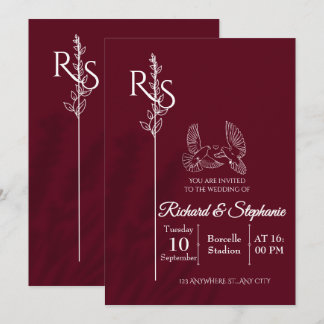 Convite Minimalist Burgundy & White Birds Wedding Invite