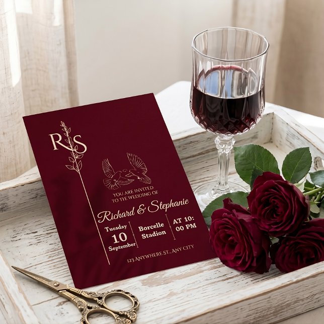 Convite Minimalist Burgundy & White Birds Wedding Invite (Criador carregado)