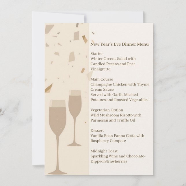 Convite Minimalist Champagne Party Menu | Elegant Beige (Frente)