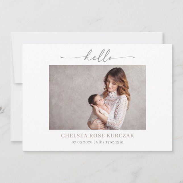 Convite Minimalist Chic Hello Photo Baby Announcement card (Frente)