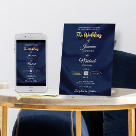 Convite Minimalist Chic Navy & Gold Script Wedding Elegant