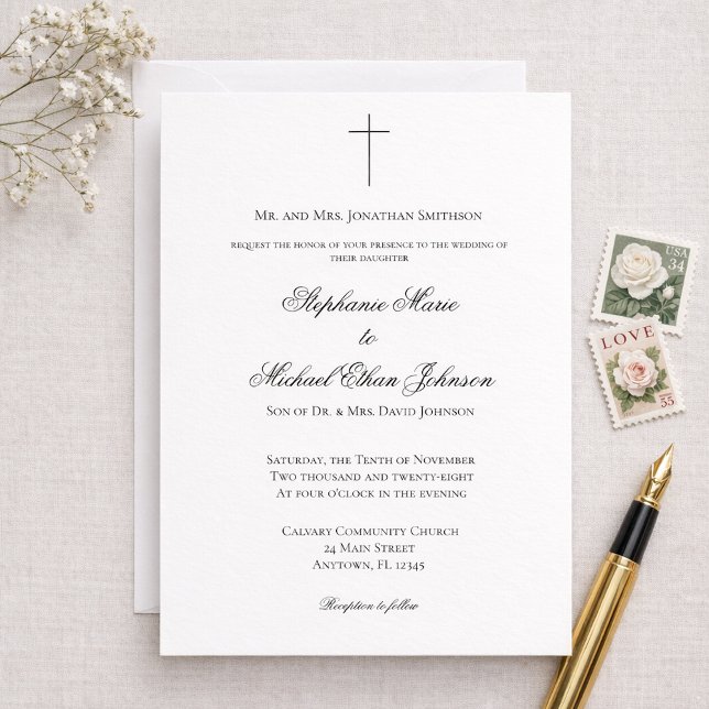 Convite MINIMALIST Christian Cross Formal Church Wedding (Criador carregado)