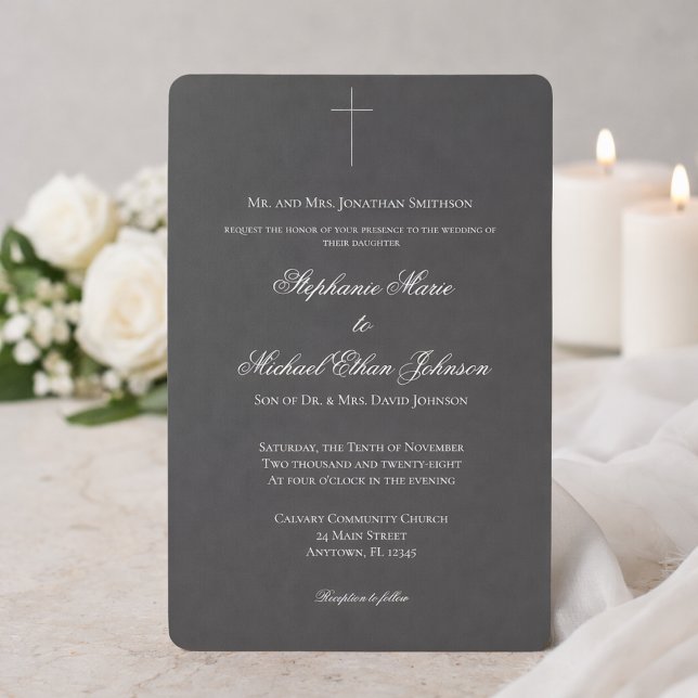Convite Minimalist Dark Cross Formal Church Wedding (Criador carregado)