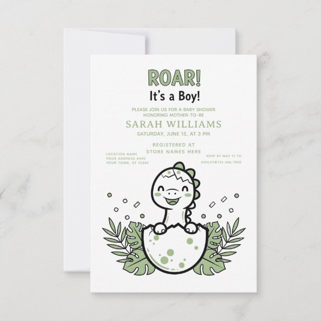 Convite minimalist Dinosaur Baby Shower party boy Roar (Frente)