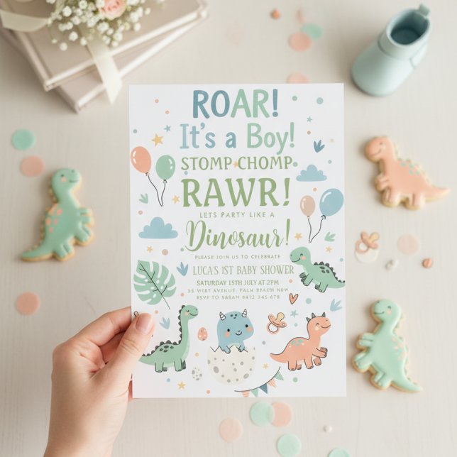 Convite minimalist Dinosaur Baby Shower party boy Roar (Criador carregado)