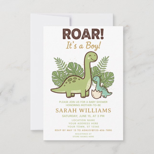Convite minimalist Dinosaur Baby Shower party boy Roar (Frente)