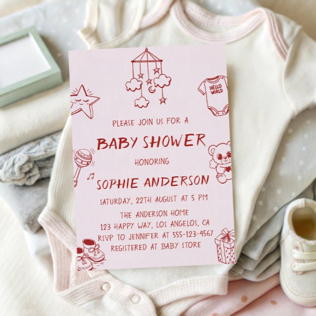 Convite Minimalist Doodle Cute Blush Baby Shower (Criador carregado)