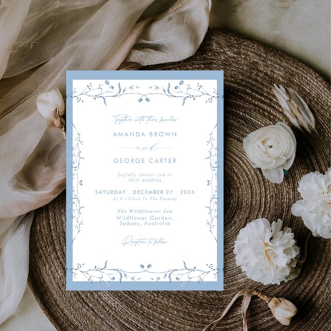 Convite Minimalist Dusty Blue Chinoiserie Floral Wedding (Criador carregado)
