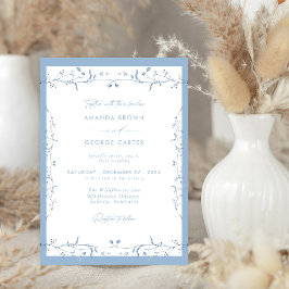 Convite Minimalist Dusty Blue Chinoiserie Floral Wedding