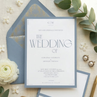 Convite Minimalist Dusty Blue Elegant Monogram Wedding 