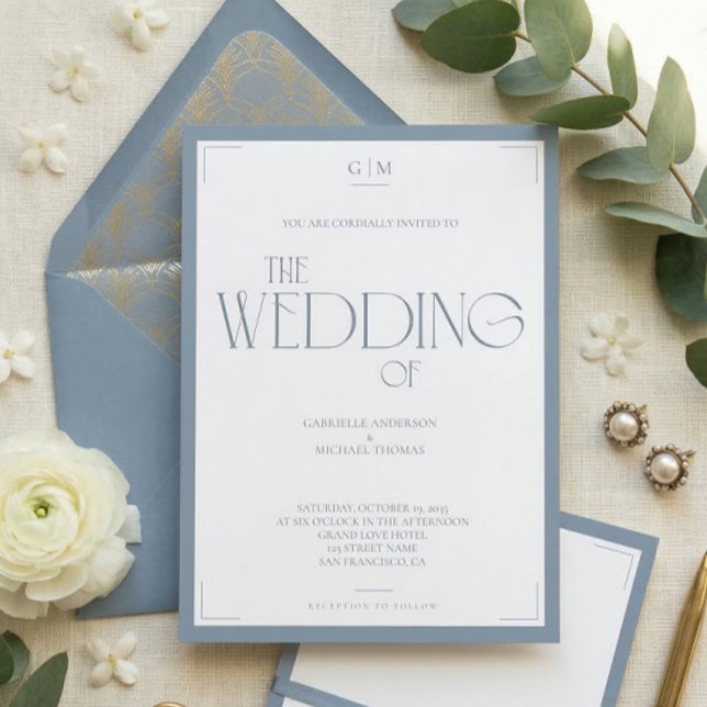 Convite Minimalist Dusty Blue Elegant Monogram Wedding  (Criador carregado)