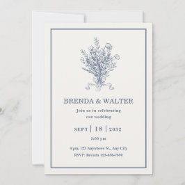 Convite Minimalist Dusty Blue Floral Sketch Wedding 