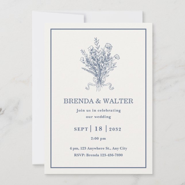 Convite Minimalist Dusty Blue Floral Sketch Wedding  (Frente)