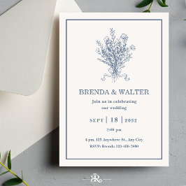 Convite Minimalist Dusty Blue Floral Sketch Wedding 