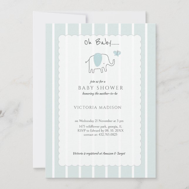 Convite Minimalist Dusty Blue Oh Baby Elephant Sketch  (Frente)