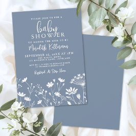 Convite Minimalist Dusty Blue Wildflower Baby Shower