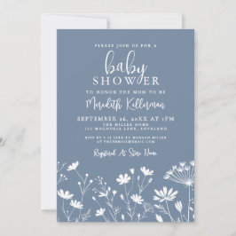 Convite Minimalist Dusty Blue Wildflower Baby Shower