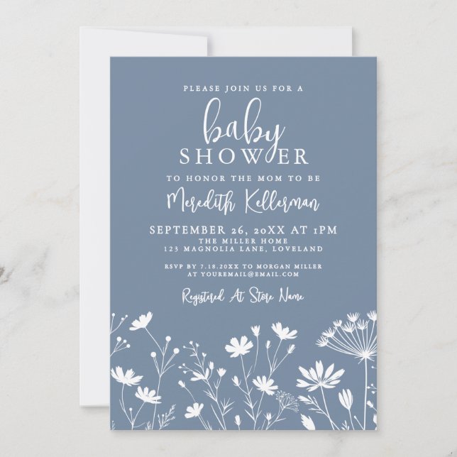 Convite Minimalist Dusty Blue Wildflower Baby Shower (Frente)