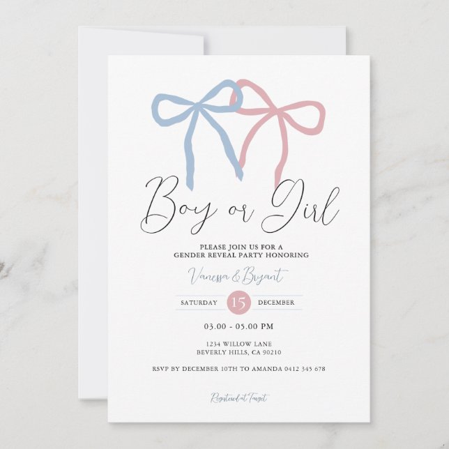 Convite Minimalist Dusty Pink Blue Ribbon Gender Reveal (Frente)