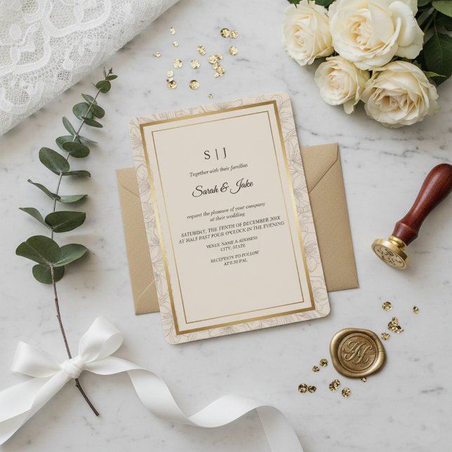 Convite Minimalist Elegant Gold Frame Wedding (Criador carregado)
