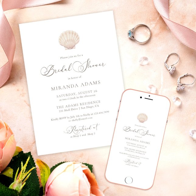 Convite Minimalist Elegant Sea Shell Beach Bridal Shower (Criador carregado)
