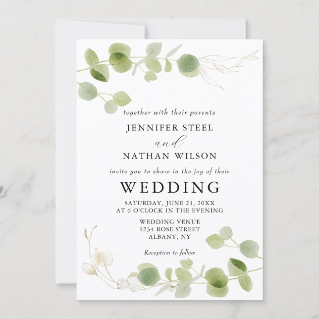Convite Minimalist Eucalyptus Green Foliage Classy Wedding (Frente)