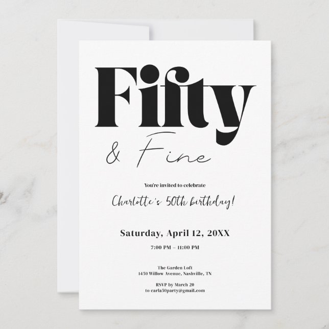 Convite Minimalist Fifty & Fine 50th Birthday (Frente)
